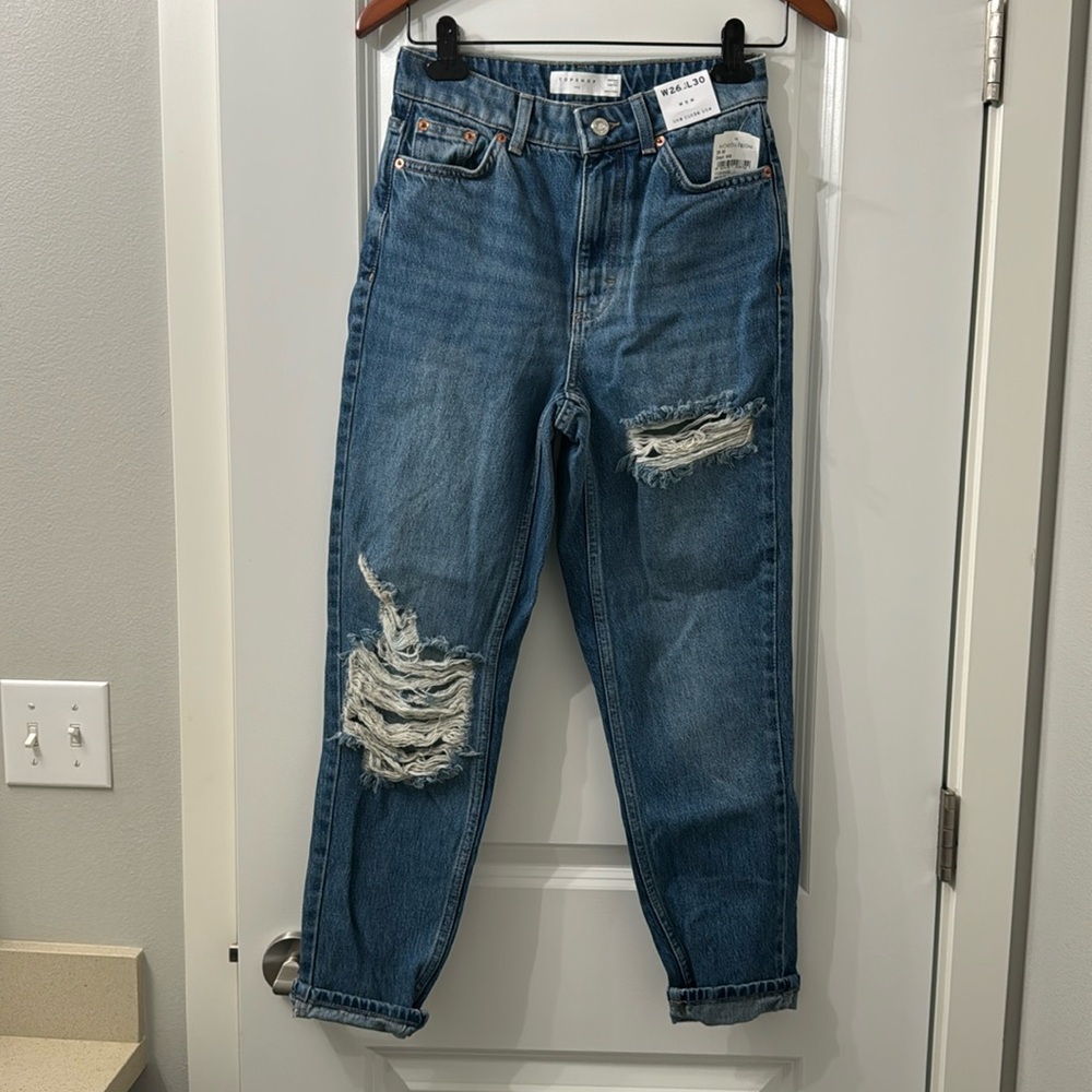 Topshop Mom Distressed Busted Knee Jeans NWT